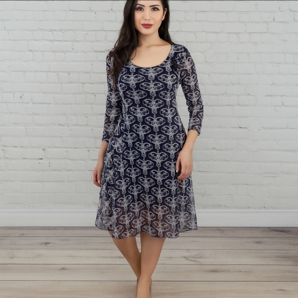Love Moschino Navy Lace Mesh Flocked Dress Scoop Neck Fit & Flare S